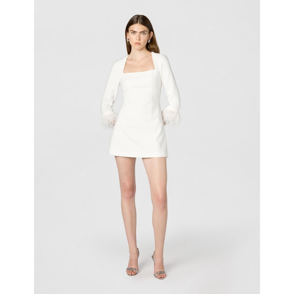 White Long Sleeve Mini Dress with Ostrich Feather Cuffs Bridal Cocktail Party